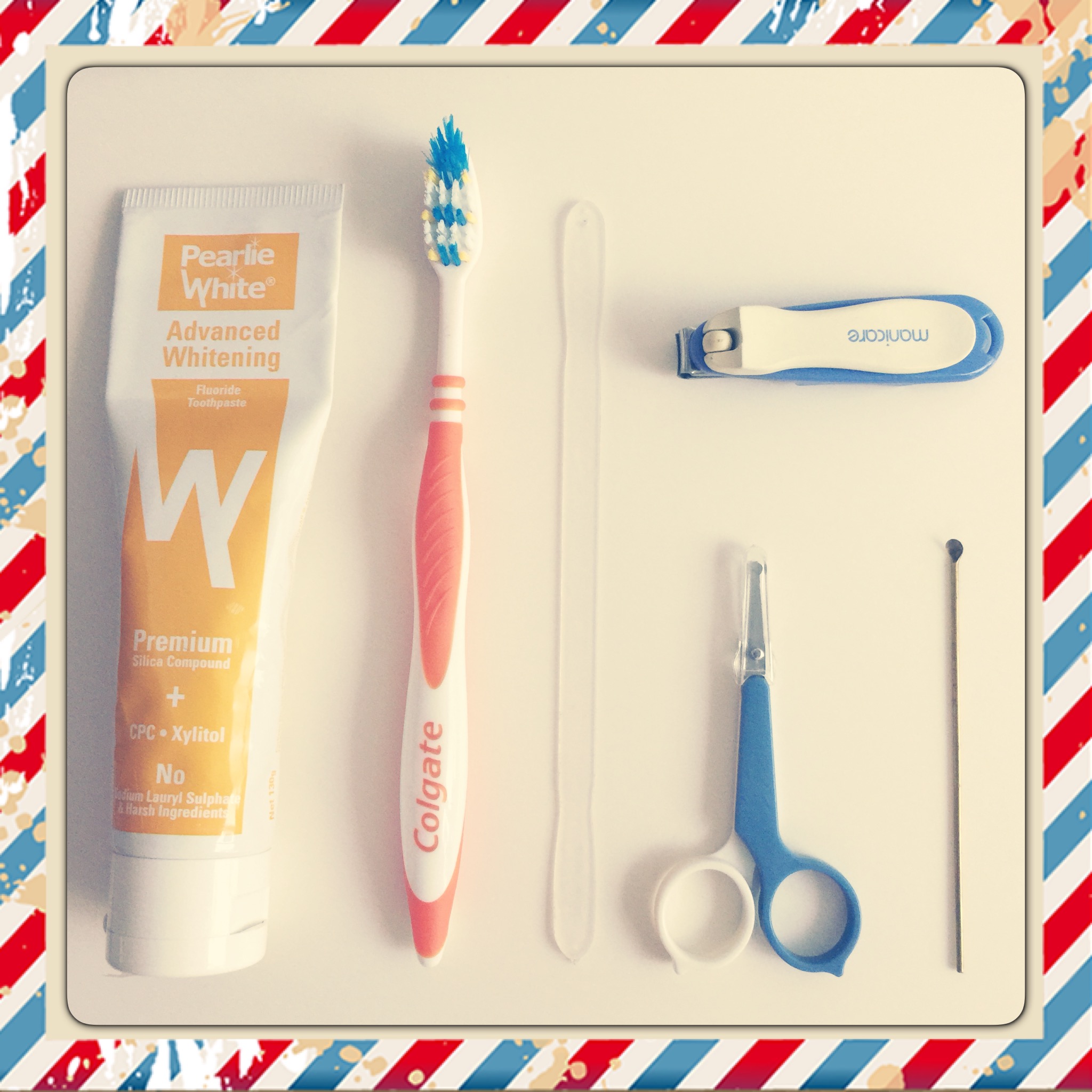 From left, toothpaste, toothbrush, tongue cleaner, nasal hair trimmer, ear digger, and on top right, nail clipper.